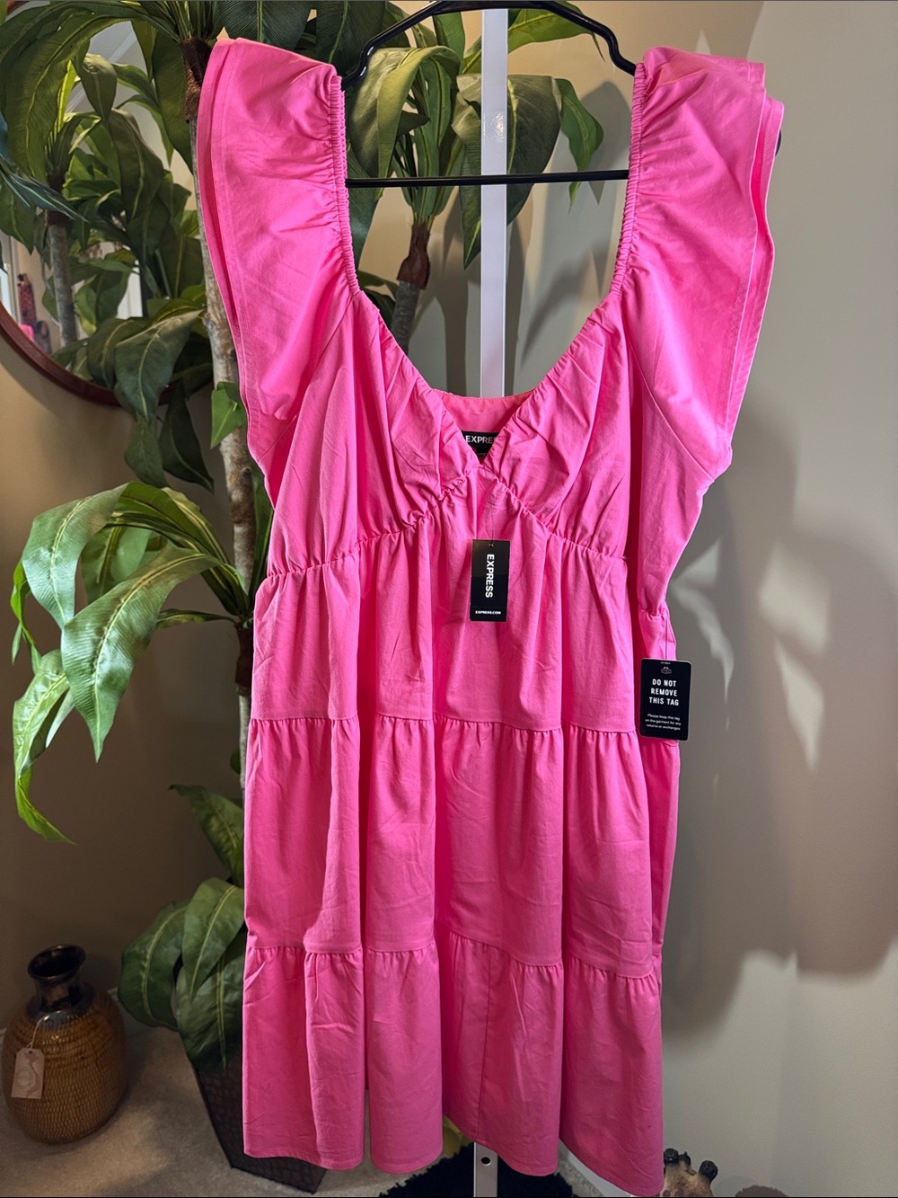 Express Hot Pink Tiered Flutter Sleeve Dress. Size L  New with Tag